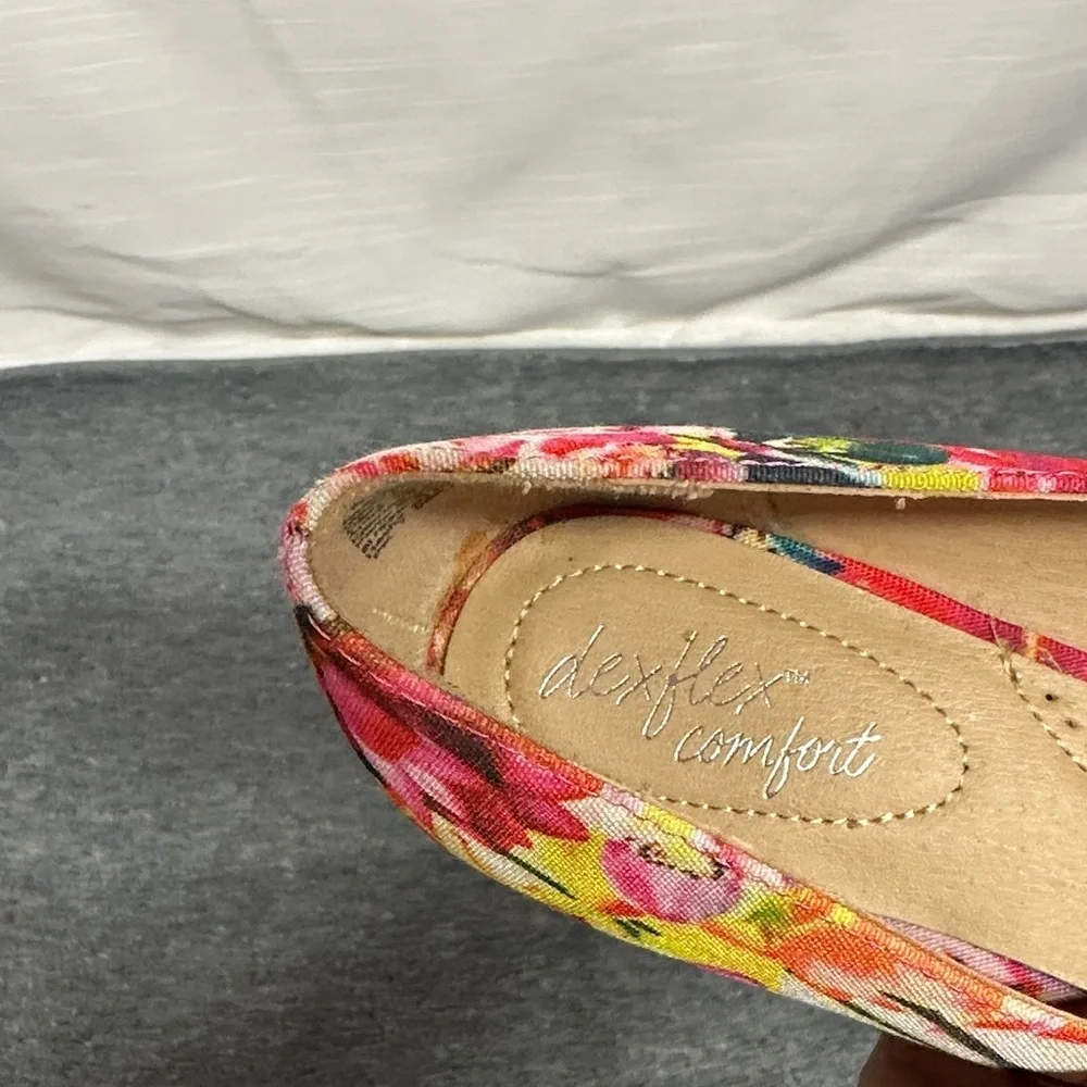 Dexflex Comfort Shoes Womens 6.5 Floral Wedge Bowtie Heels Colorful Peep Toe